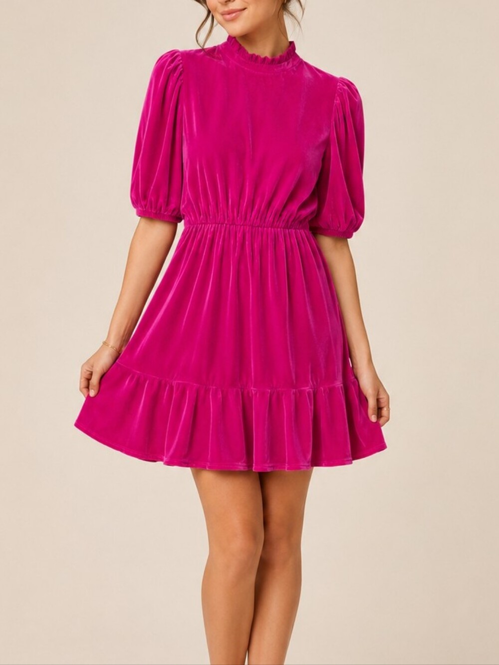 THML Hot Pink Puff Sleeve Mock Neck Flutter Mini Dress Womens Small Barbiecore